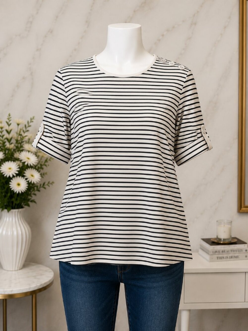 Black & White Striped Roll-Tab Sleeve Top – Size L – 100% Cotton Good Condition